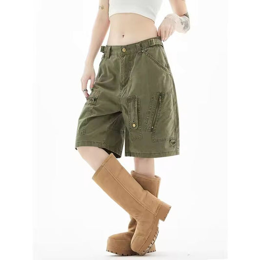 Women Y2k Knee Length Cargo Jeans Harajuku Baggy Wide Leg Denim Trouser Japanese 2000s Short Jean Pants Vintage Oversize Clothes