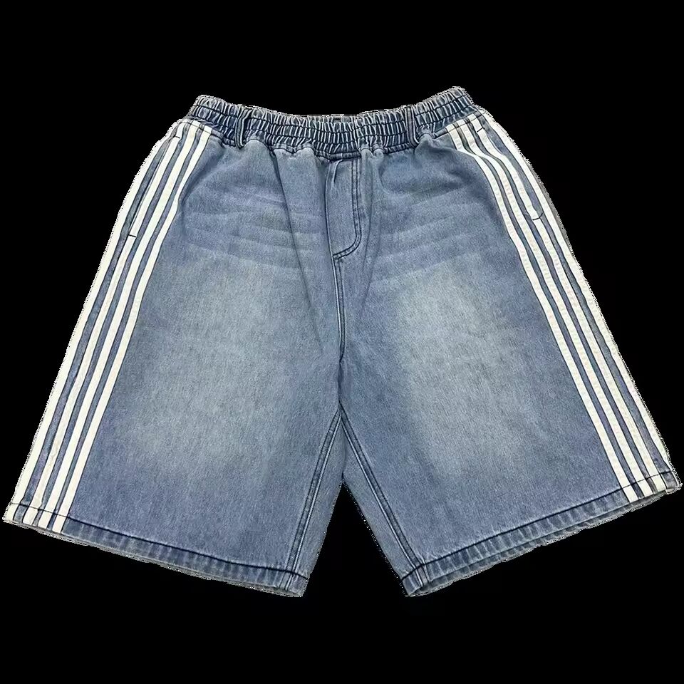 Y2K Denim Shorts Mens Womens HCW Striped Embroidery Retro Loose Summer Shorts Harajuku Hip Hop Casual Gym Shorts Streetwear New