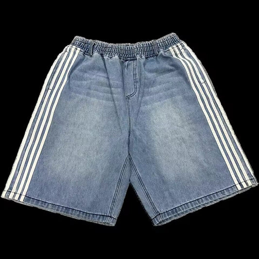 Y2K Denim Shorts Mens Womens HCW Striped Embroidery Retro Loose Summer Shorts Harajuku Hip Hop Casual Gym Shorts Streetwear New