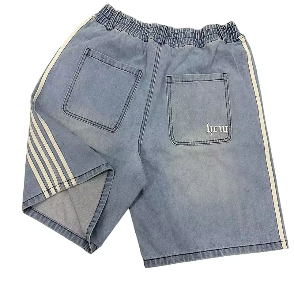 Y2K Denim Shorts Mens Womens HCW Striped Embroidery Retro Loose Summer Shorts Harajuku Hip Hop Casual Gym Shorts Streetwear New